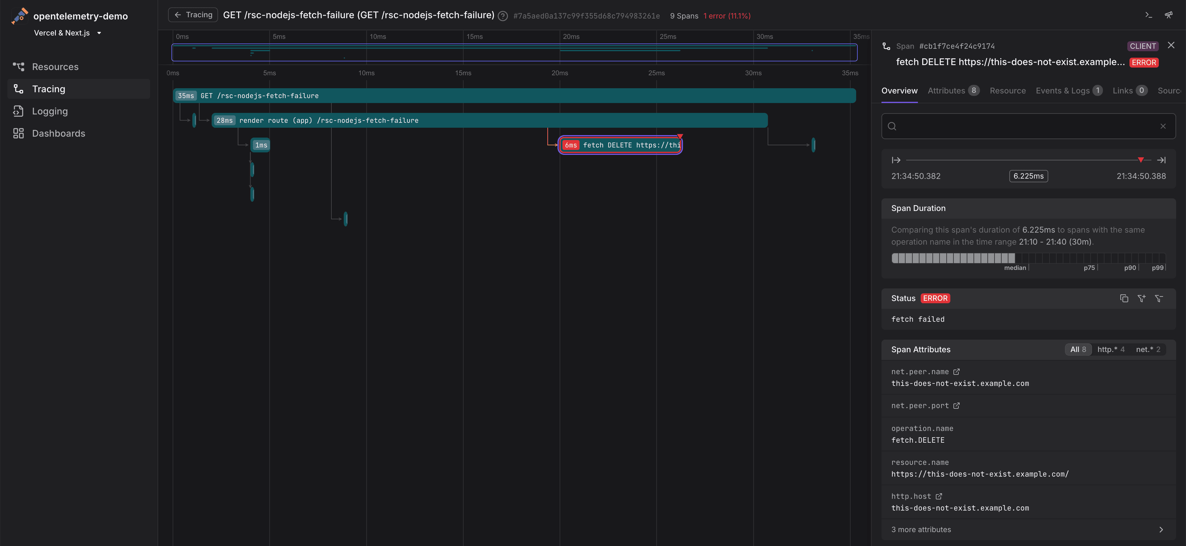 Dash0 trace view showing how a React server-component is rendered